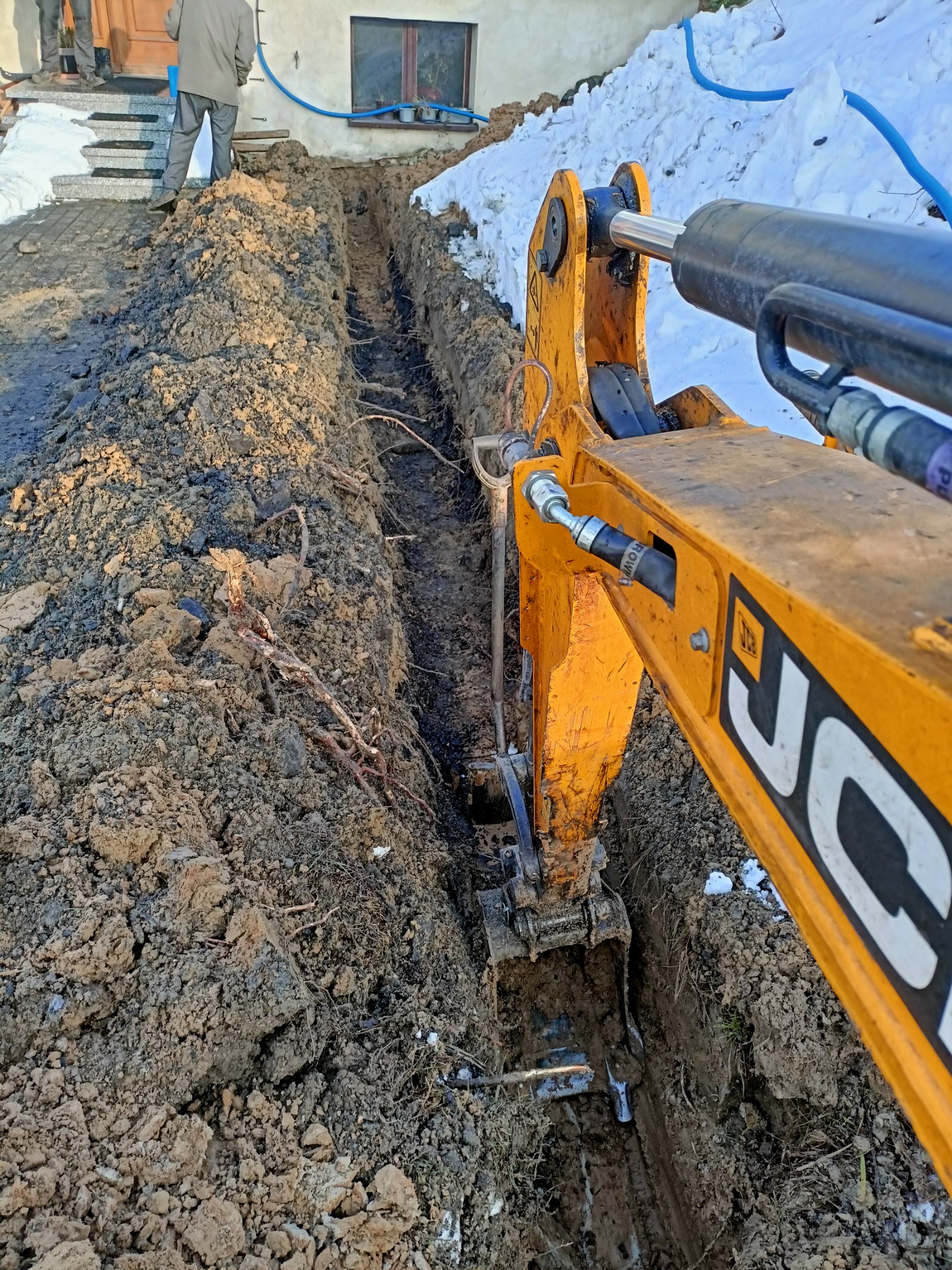 Żółta koparka JCB wykonuje wąski wykop w ziemi, widoczne korzenie i resztki roślinności, w tle ośnieżony teren i budynek mieszkalny.