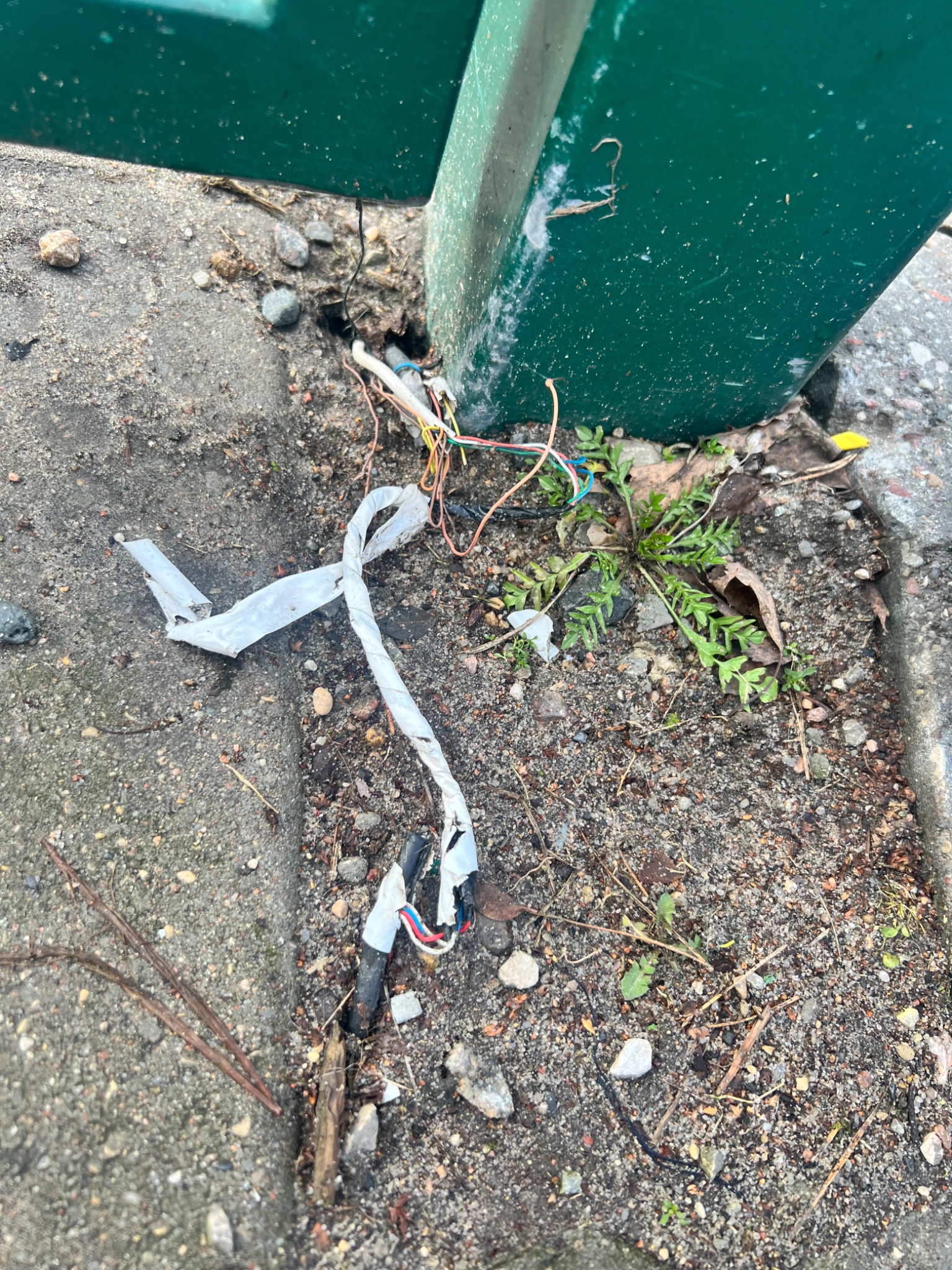 Odsłonięte, wystające kable elektryczne w ziemi przy zielonym słupku, zabezpieczone białą taśmą izolacyjną, otoczone gruzem, kamieniami i roślinnością.