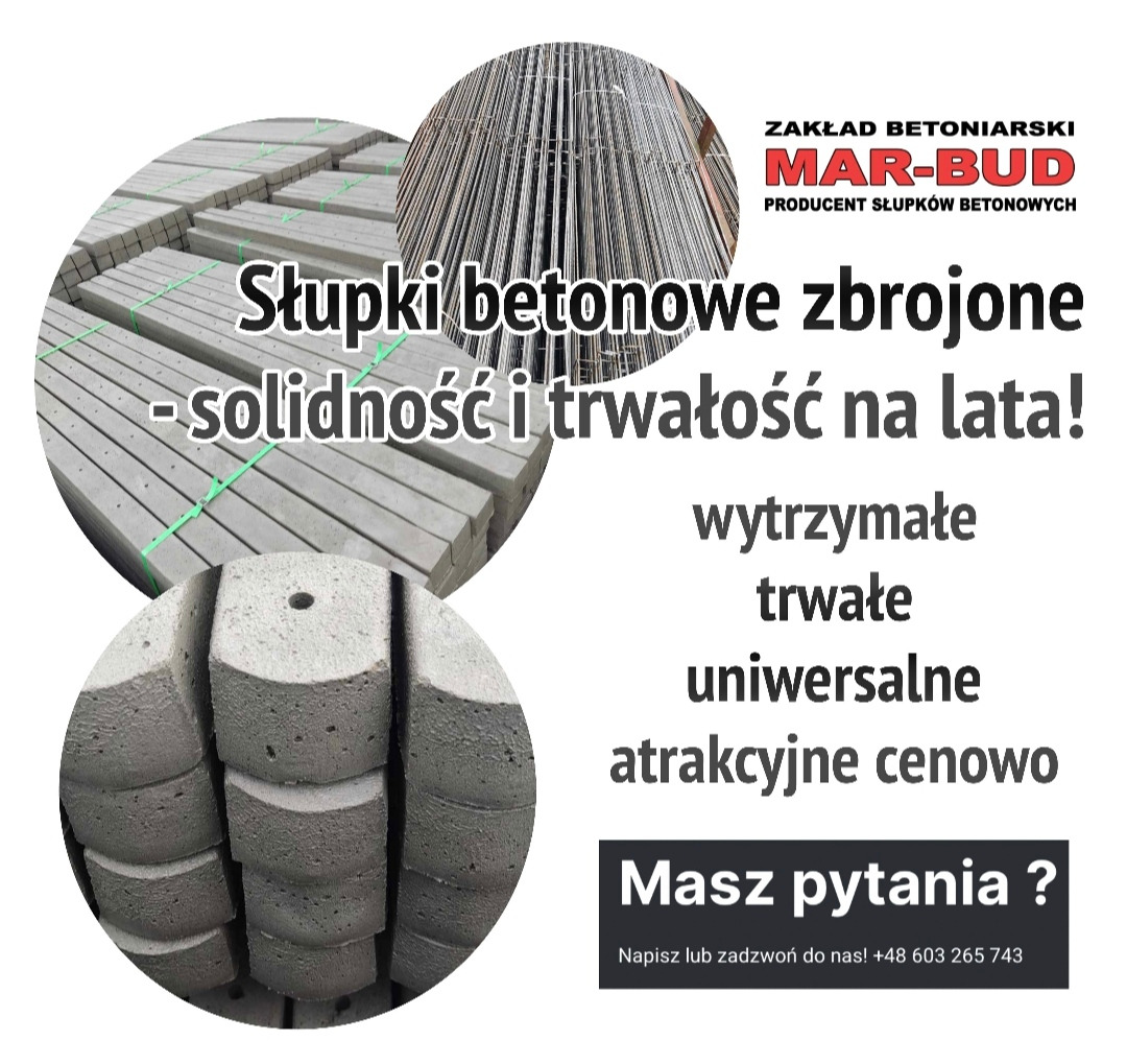 Grafika reklamowa producenta słupków betonowych zbrojonych, prezentująca stosy słupków o różnych przekrojach, z hasłem o solidności i trwałości.