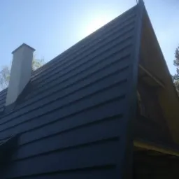 Ciemny, skośny dach domu z kominem, widziany z dołu pod słońce, ukazujący charakterystyczne poziome linie pokrycia.