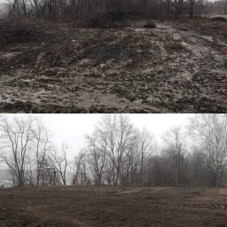 KONBUD - Teren po wycince drzew, z widocznymi śladami opon i pozostałościami gałęzi na błotnistym podłożu, w tle nagie drzewa w pochmurny dzień.