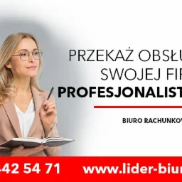 Kobieta w okularach, z notatnikiem i długopisem, obok tekstu 'Przekaż obsługę swojej firmy profesjonalistom' i nazwy 'Biuro Rachunkowe Lider' oraz numeru telefonu i adresu strony internetowej.