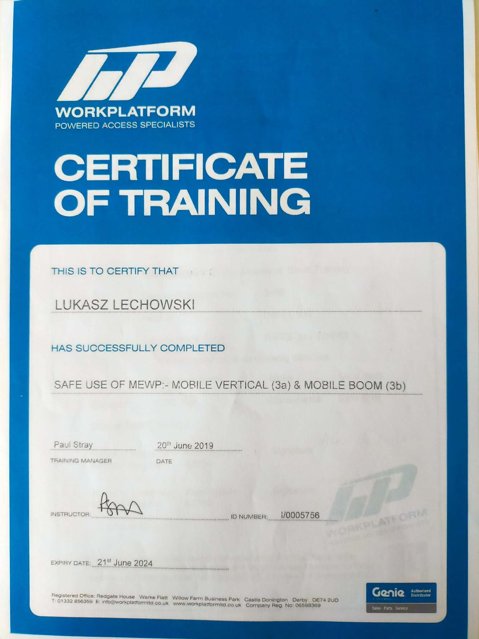 Certyfikat ukończenia szkolenia z bezpiecznego użytkowania podnośników MEWP (Mobile Vertical i Mobile Boom) dla Łukasza Lechowskiego, wydany 20 czerwca 2019 roku przez Workplatform.