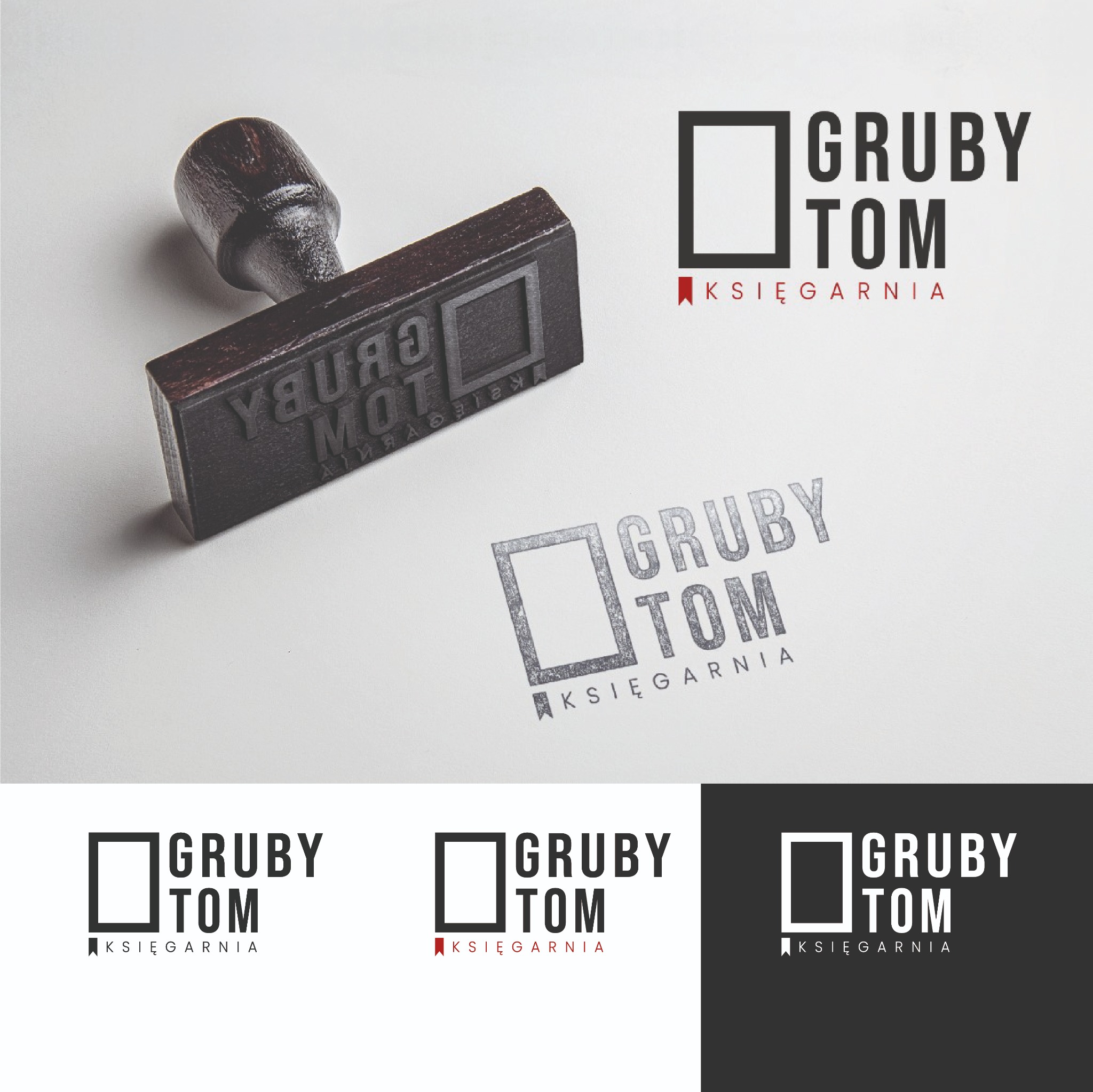 Prezentacja logo księgarni 'Gruby Tom' z użyciem drewnianego stempla odbijającego wzór na białym tle, wraz z kilkoma wariantami logo w różnych kolorach i układach.