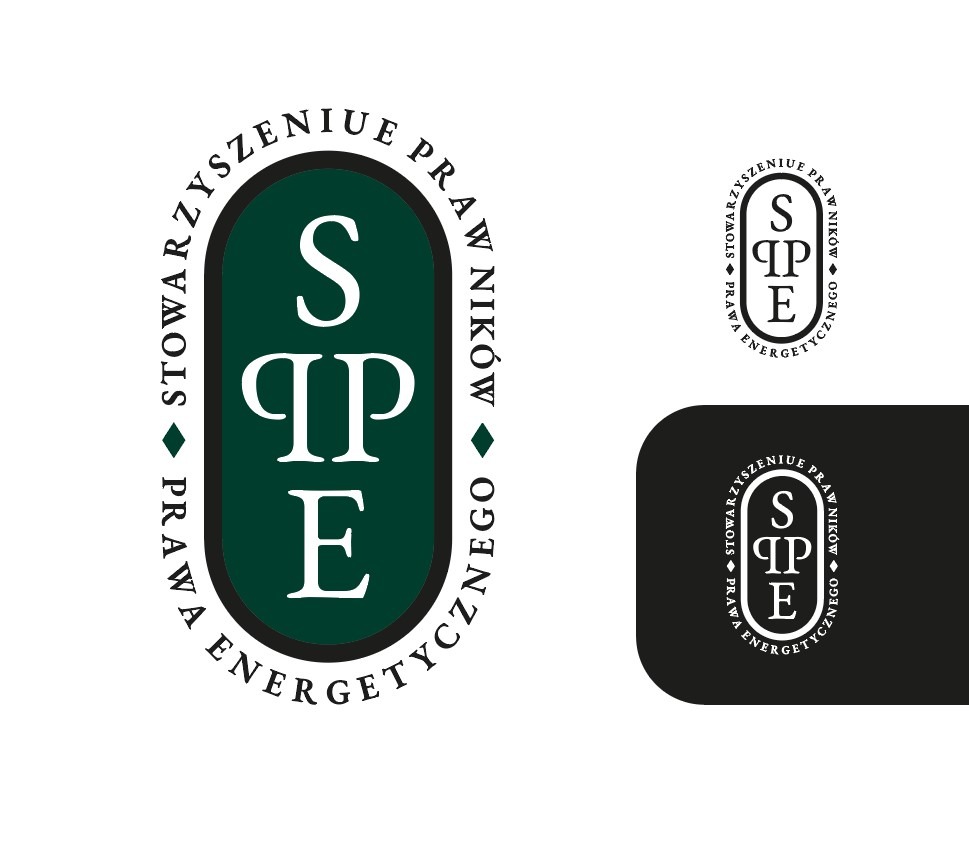 Wektorowe przedstawienie logo Stowarzyszenia Prawników Energetycznych SPE w dwóch wersjach: kolorowej (zielono-białej) i monochromatycznej (czarno-białej), z charakterystycznym układem liter...