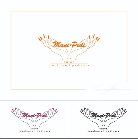 Elegancki projekt logo salonu kosmetycznego Mani+Pedi z dłońmi w graficznym ujęciu w trzech wariantach kolorystycznych na białym tle.