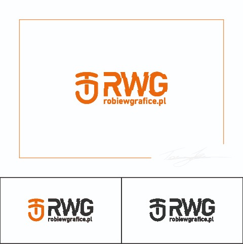 Projekt logo RWG z adresem robiewgrafice.pl, w kolorze pomarańczowym na białym tle, prezentowany w trzech wariantach, w tym jeden w ramce.