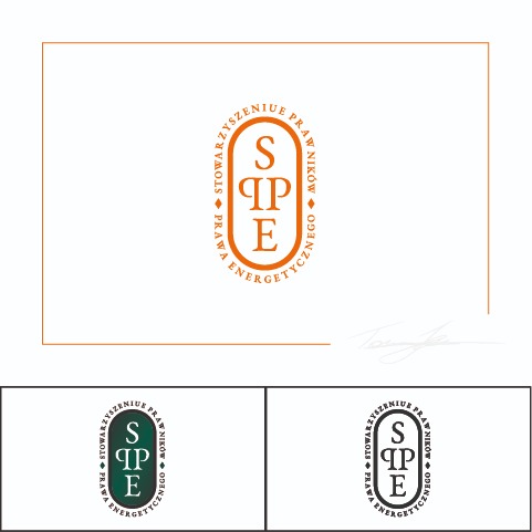 Projekt logo dla Stowarzyszenia Prawników Odnawialnego Prawa Energetycznego (SPE) z Tęgoborzy, przedstawiony w trzech wariantach kolorystycznych na białym tle.