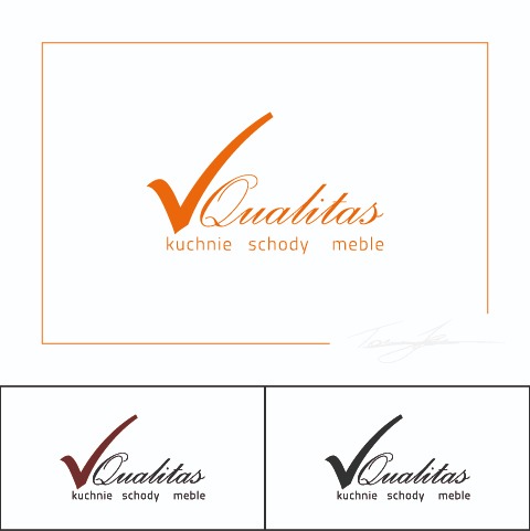 Projekt logo firmy Qualitas specjalizującej się w kuchniach, schodach i meblach, prezentowany w trzech wariantach kolorystycznych.