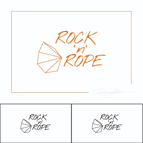 Projekt logo 'Rock 'n Rope' z geometrycznym symbolem i wariantami kolorystycznymi na białym tle.