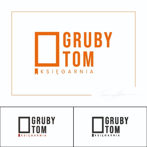 Logo księgarni 'Gruby Tom' z motywem otwartej książki, prezentowane w dwóch wariantach kolorystycznych: pomarańczowym i czarnym.