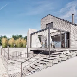Wizualizacja domu jednorodzinnego z drewnianą elewacją, tarasem z pergolą i schodami obłożonymi kamieniami, na tle błękitnego nieba z smugami kondensacyjnymi.