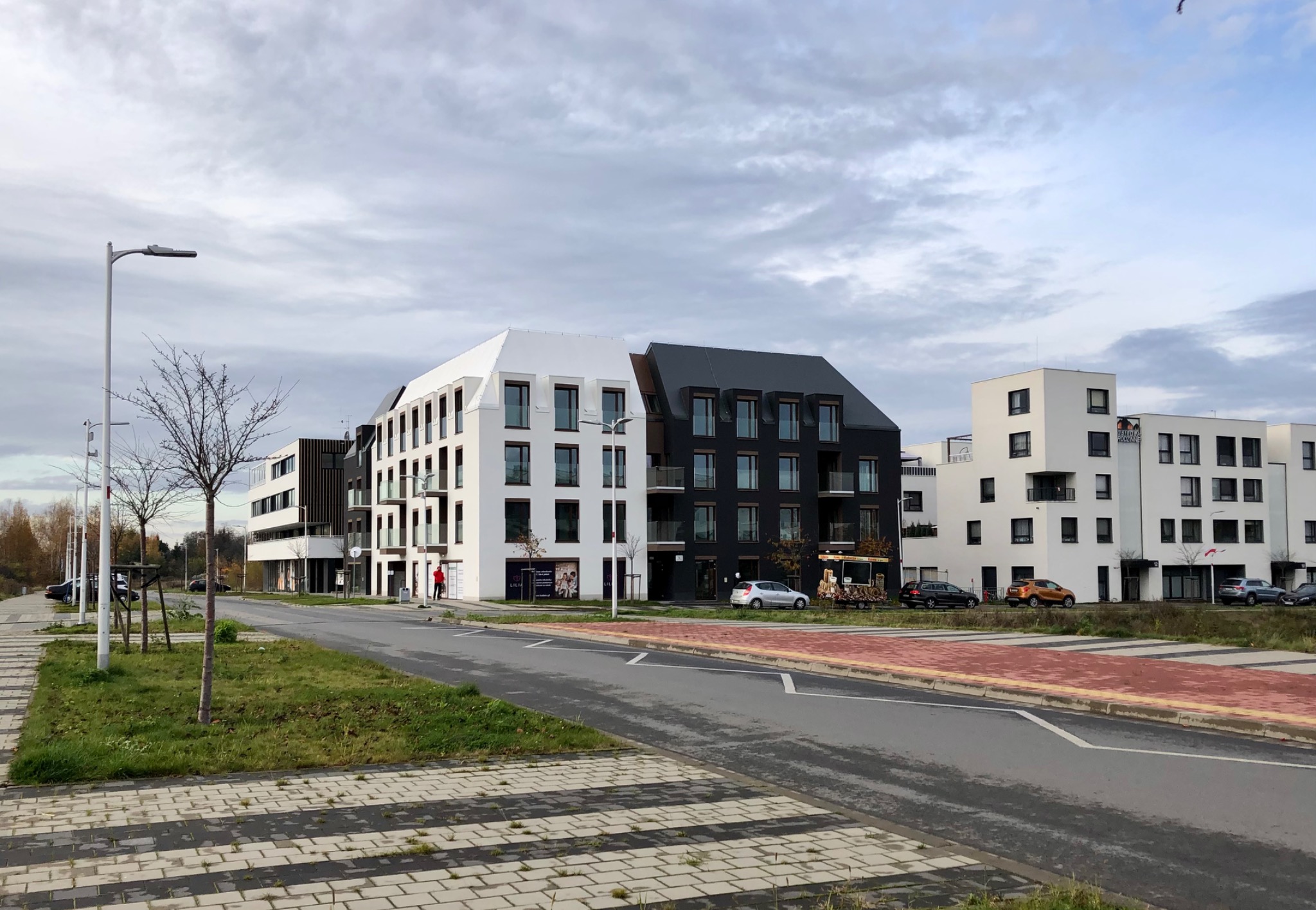 Nowoczesne budynki mieszkalne z elewacjami w kolorze białym i grafitowym, widok z poziomu ulicy w pochmurny dzień.