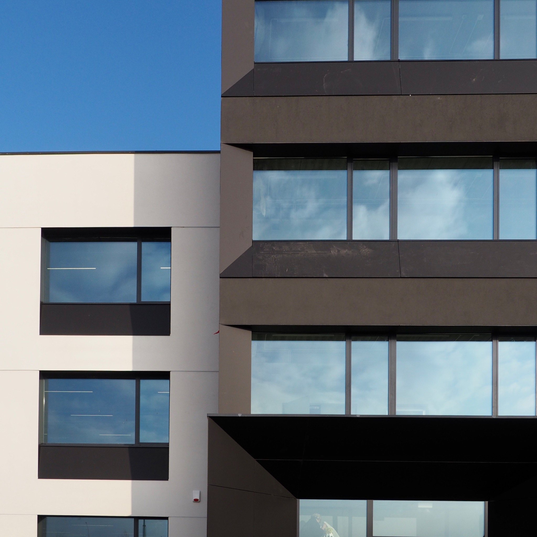 Fragment fasady nowoczesnego budynku usługowego z białymi i grafitowymi elementami, odbicie nieba w oknach.