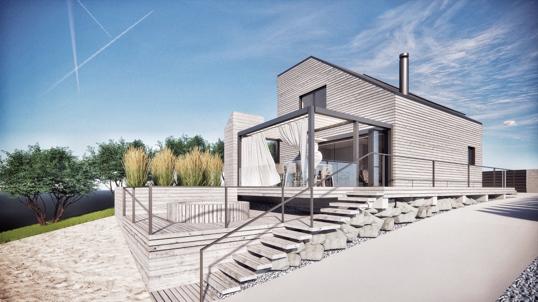 Wizualizacja domu jednorodzinnego z drewnianą elewacją, tarasem z pergolą i schodami obłożonymi kamieniami, na tle błękitnego nieba z smugami kondensacyjnymi.