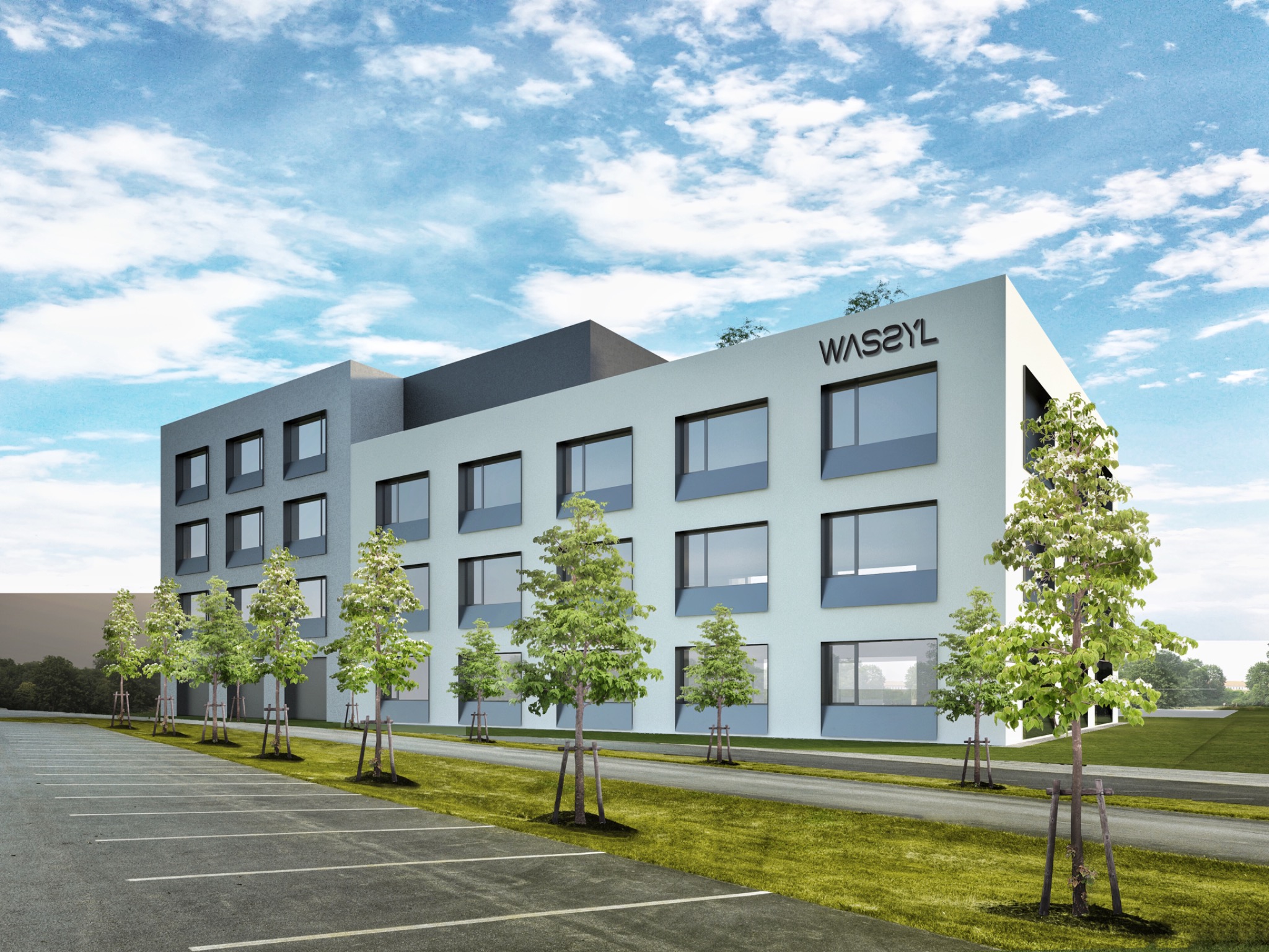 Wizualizacja nowoczesnego budynku usługowego z parkingiem i rzędem młodych drzew, na ścianie widoczne logo firmy WAS2YL.