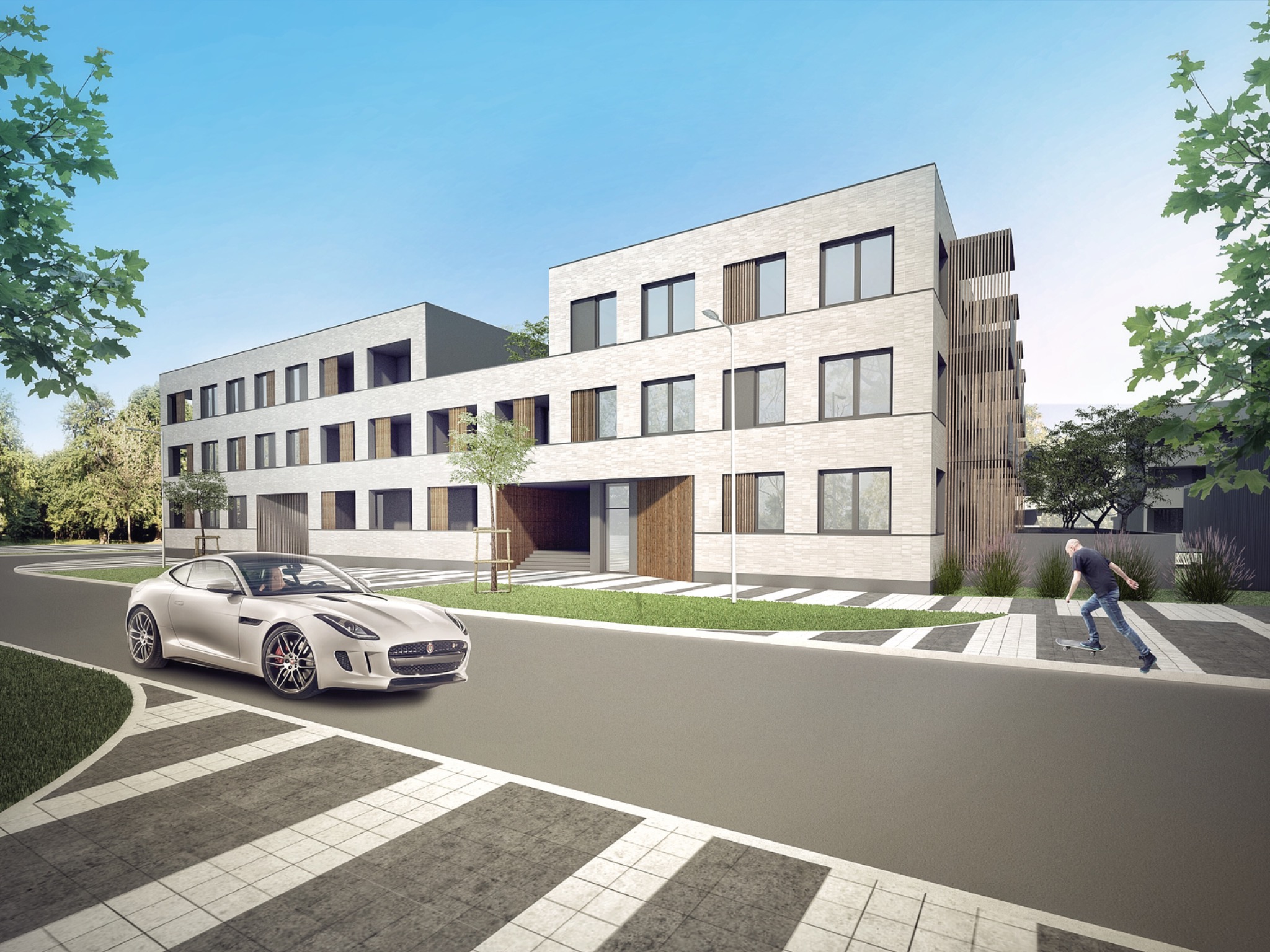 Wizualizacja budynku usługowego z jasnej cegły z drewnianymi elementami, przed budynkiem sportowy samochód i mężczyzna na deskorolce.