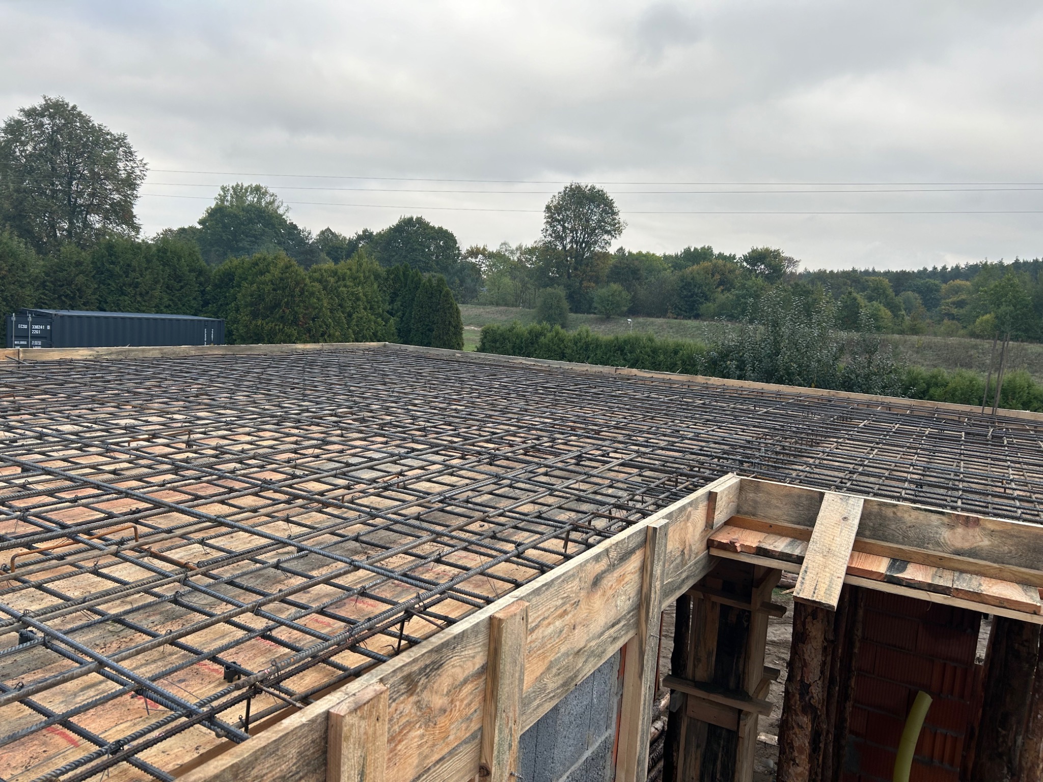 Zbrojenie płyty fundamentowej z drewnianym szalunkiem, widok na las w tle, pochmurne niebo.