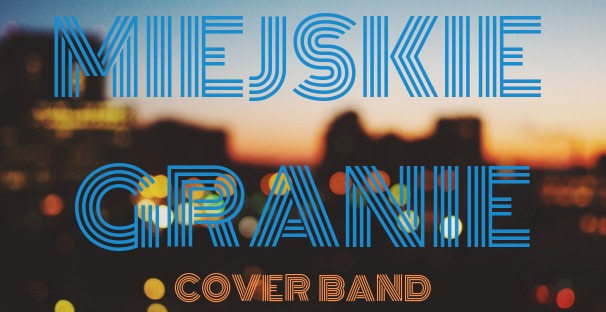 Grafika zespołu muzycznego 'Miejskie Granie Cover Band' na tle rozmytego pejzażu miejskiego o zmierzchu, z napisem wykonanym w stylu retro z użyciem równoległych linii.