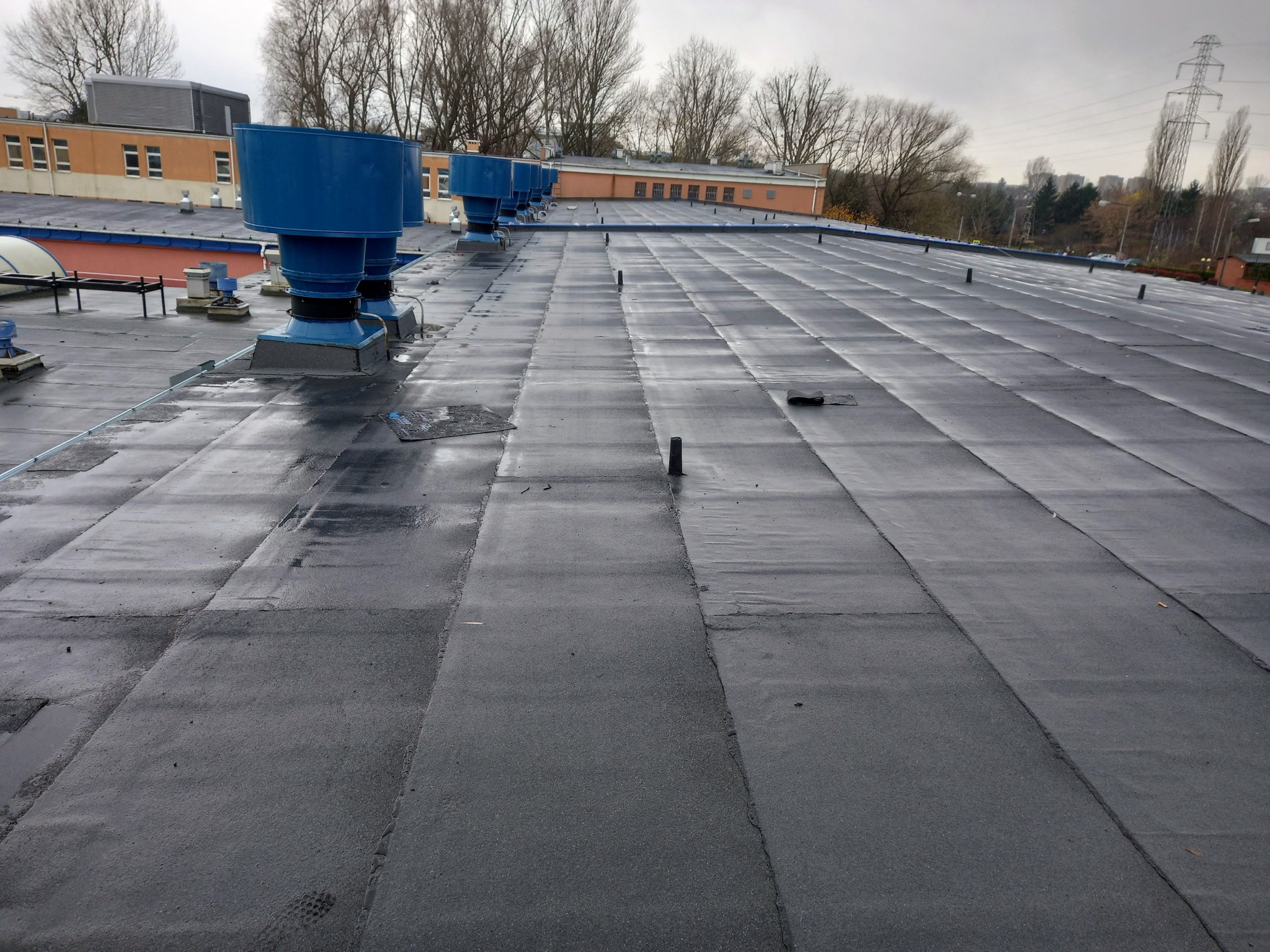 Widok z góry na płaski dach pokryty czarną papą termozgrzewalną, z widocznymi kominami wentylacyjnymi w kolorze niebieskim oraz budynkiem w tle.