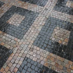 Mokry chodnik z kostki brukowej ułożonej w geometryczny wzór z wykorzystaniem czarnych, szarych i brązowych kostek