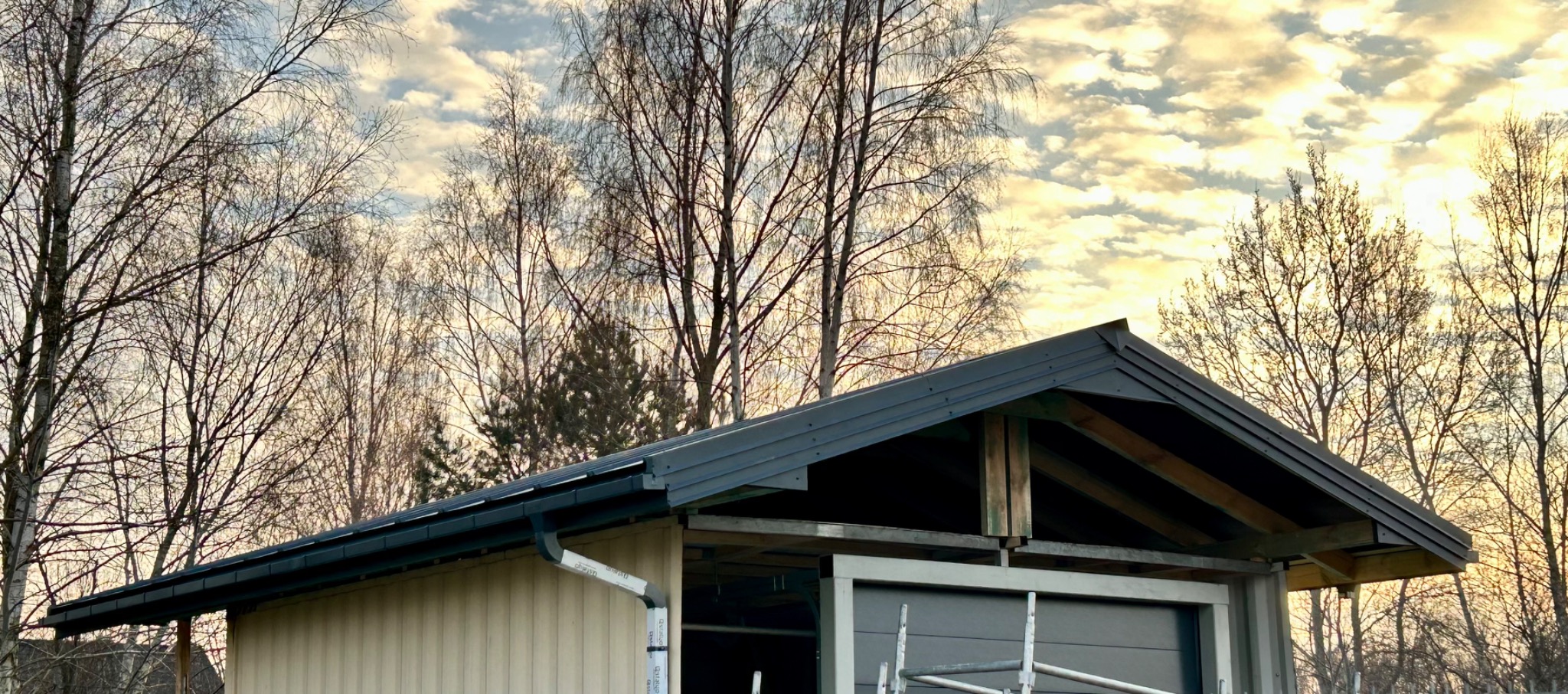 Garaż blaszany z ciemnym dachem na tle drzew i zachmurzonego nieba. Widoczne elementy konstrukcyjne dachu i rynna. Ujęcie z dołu.