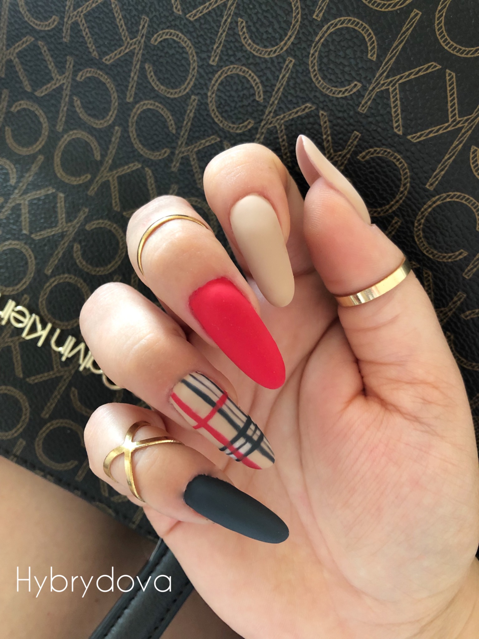 Dłoń z długimi, matowymi paznokciami w różnych kolorach (beżowy, czerwony, czarny, w kratkę), ozdobiona złotymi pierścionkami na tle torebki z logo.