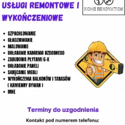 Ogłoszenie firmy remontowo-wykończeniowej Mazurek Home Renovation z listą świadczonych usług, numerem telefonu i informacją o ustalaniu terminów.