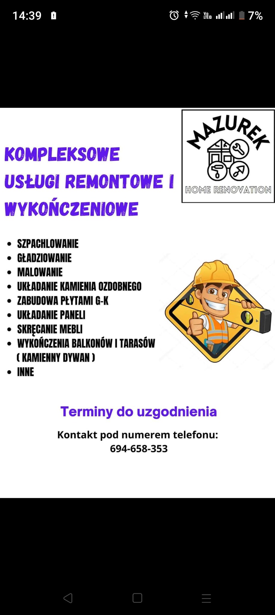 Ogłoszenie firmy remontowo-wykończeniowej Mazurek Home Renovation z listą świadczonych usług, numerem telefonu i informacją o ustalaniu terminów.