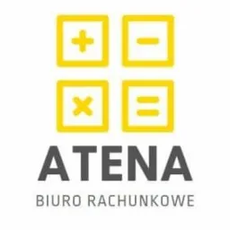 Żółty graficzny kalkulator z symbolami matematycznymi nad szarym napisem ATENA BIURO RACHUNKOWE.