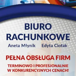 Grafika reklamowa biura rachunkowego MC Contador z wizualizacją danych finansowych na ekranie tabletu, wykresami kołowymi i słupkowymi, kalkulatorem oraz danymi kontaktowymi.