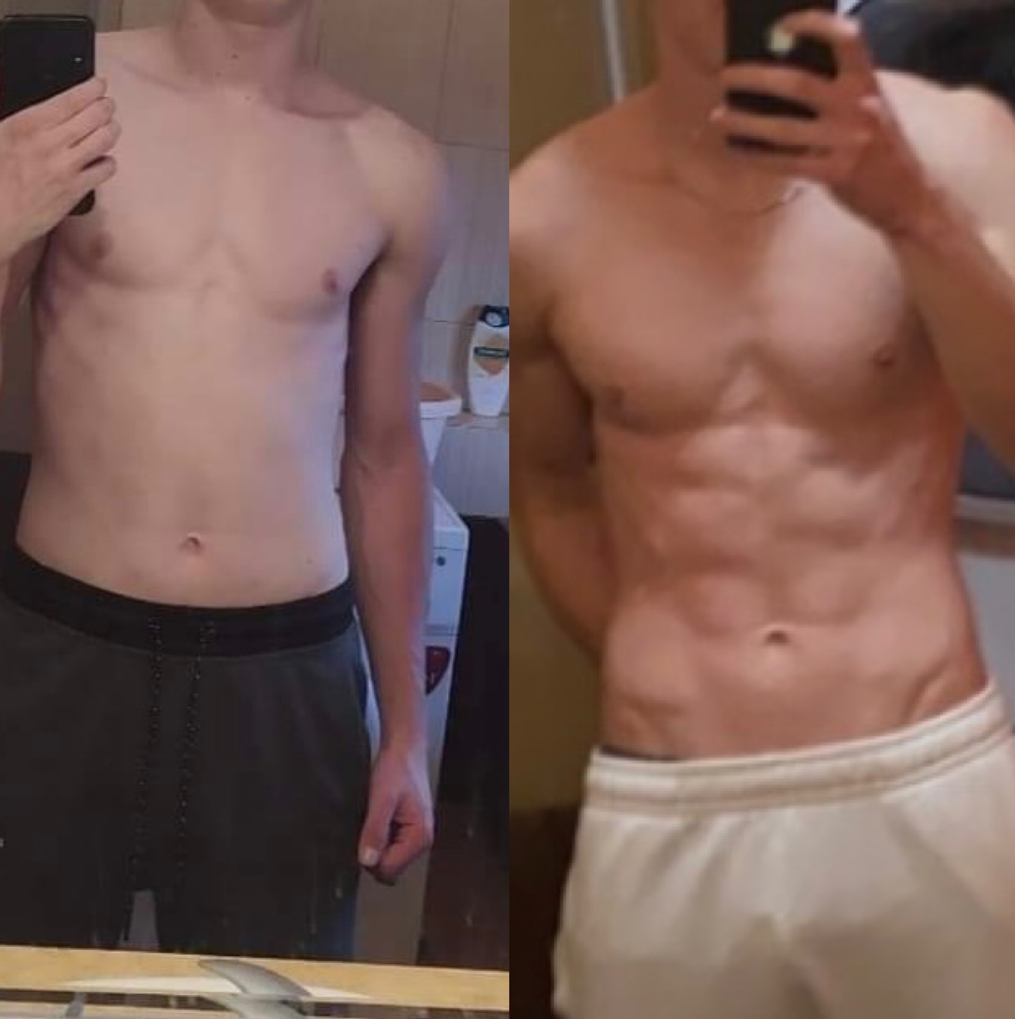 Mężczyzna prezentuje transformację sylwetki: po lewej stronie zdjęcie przed treningiem, po prawej - po treningu, widoczne zarysowane mięśnie brzucha.