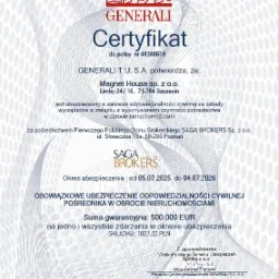 Certyfikat ubezpieczenia OC pośrednika w obrocie nieruchomościami Generali T.U. S.A. dla Magnet House sp. z o.o. z datą ważności od 05.07.2025 do 04.07.2026.