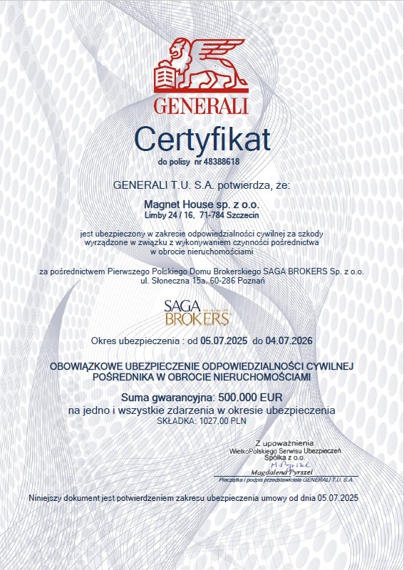 Certyfikat ubezpieczenia OC pośrednika w obrocie nieruchomościami Generali T.U. S.A. dla Magnet House sp. z o.o. z datą ważności od 05.07.2025 do 04.07.2026.
