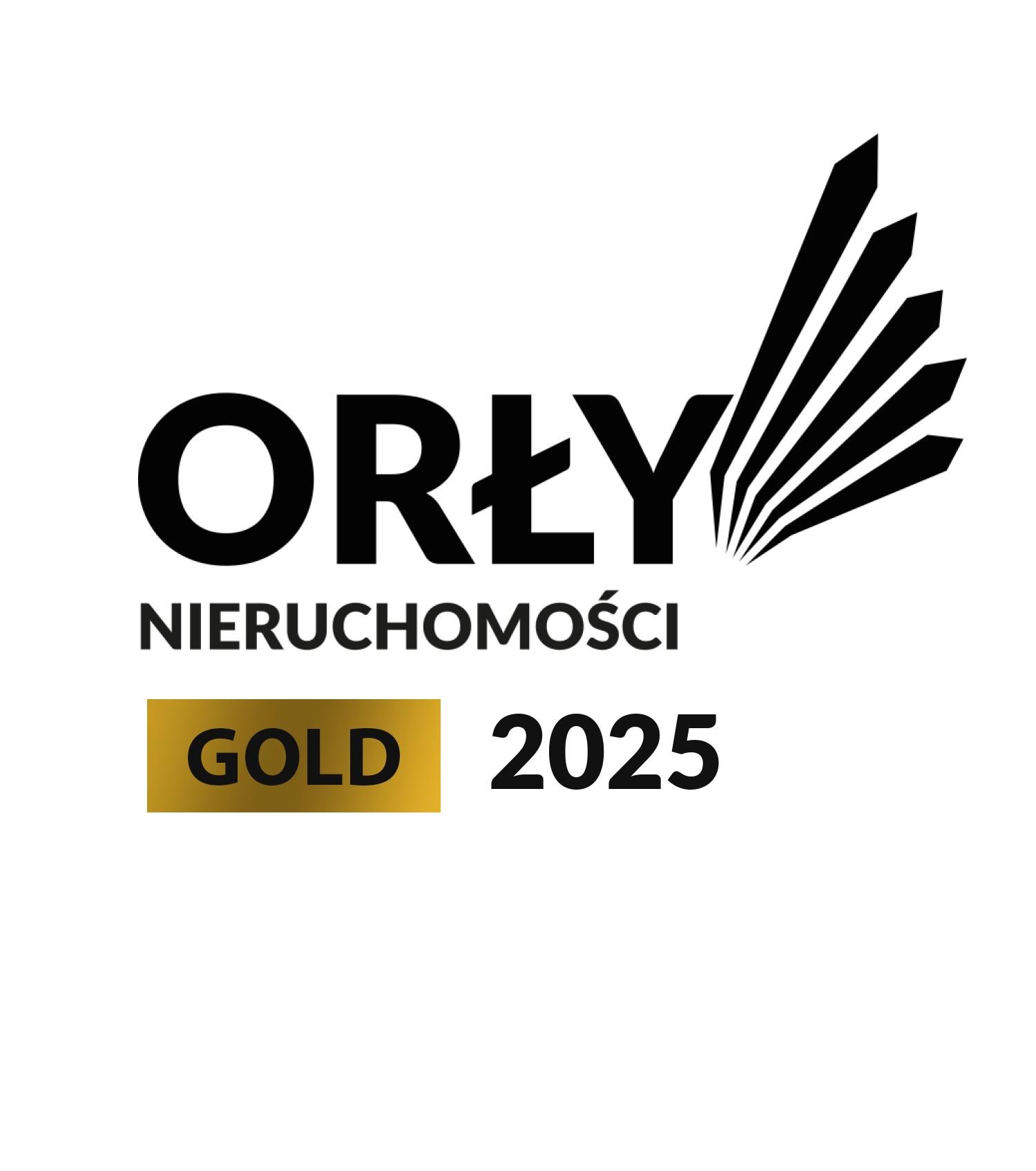 Logo 'Orły Nieruchomości' z symbolem piór i napisem 'GOLD 2025' na złotym tle. Symbolizuje prestiż i wysoką jakość usług w branży nieruchomości.