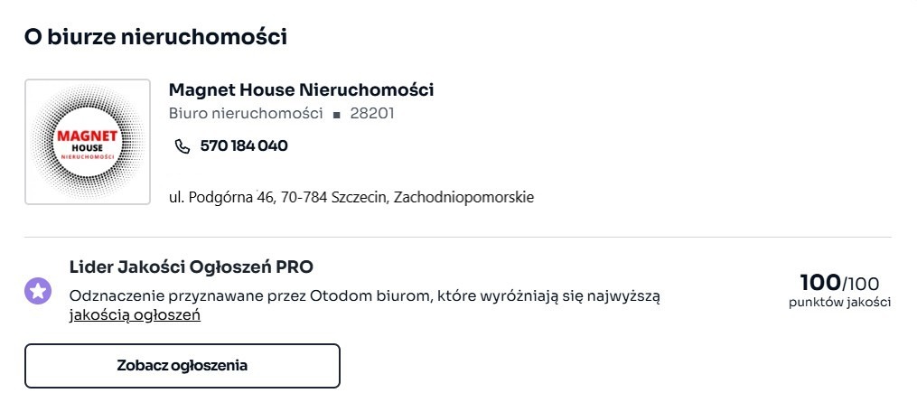 Informacje o biurze nieruchomości Magnet House z logo, adresem w Szczecinie i odznaczeniem Lider Jakości Ogłoszeń PRO z Otodom, potwierdzającym wysoką jakość ogłoszeń.
