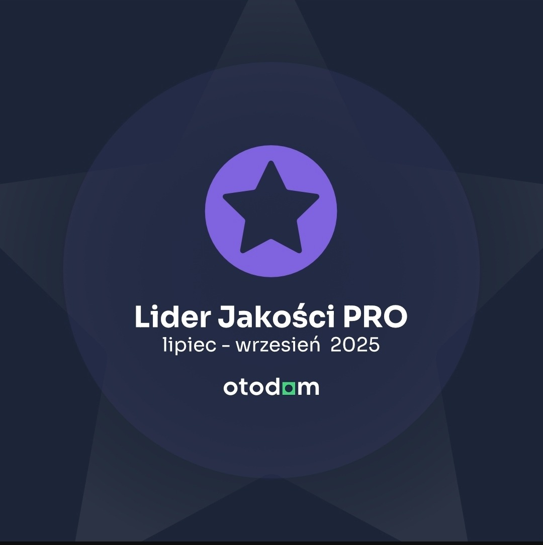 Lider Jakości PRO: logo Otodom z gwiazdą w okręgu, nagroda za lipiec-wrzesień 2025 na ciemnym tle. Wyróżnienie jakości w branży nieruchomości.