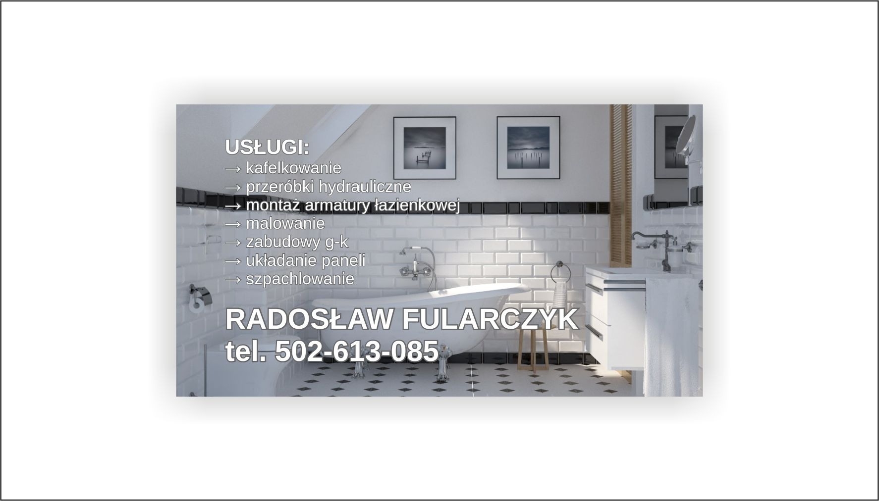 Grafika reklamowa prezentująca wizualizację łazienki w stylu retro z białą wanną na lwich nóżkach, armaturą w stylu vintage, białymi kafelkami typu metro z czarnymi akcentami oraz listą usług...