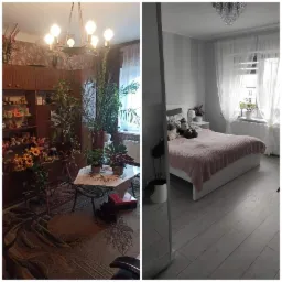 Zdjęcie przedstawia metamorfozę sypialni: po lewej stronie pokój z ciemnymi meblami, wzorzystą tapetą, dużą ilością roślin i staromodnym oświetleniem; po prawej odnowiona sypialnia w szarościach...