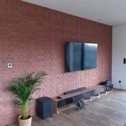 Jacek M - Salon z ceglaną ścianą, telewizorem na ścianie, drewnianą podłogą, szafką RTV, głośnikiem niskotonowym i rośliną doniczkową w plecionym koszu.