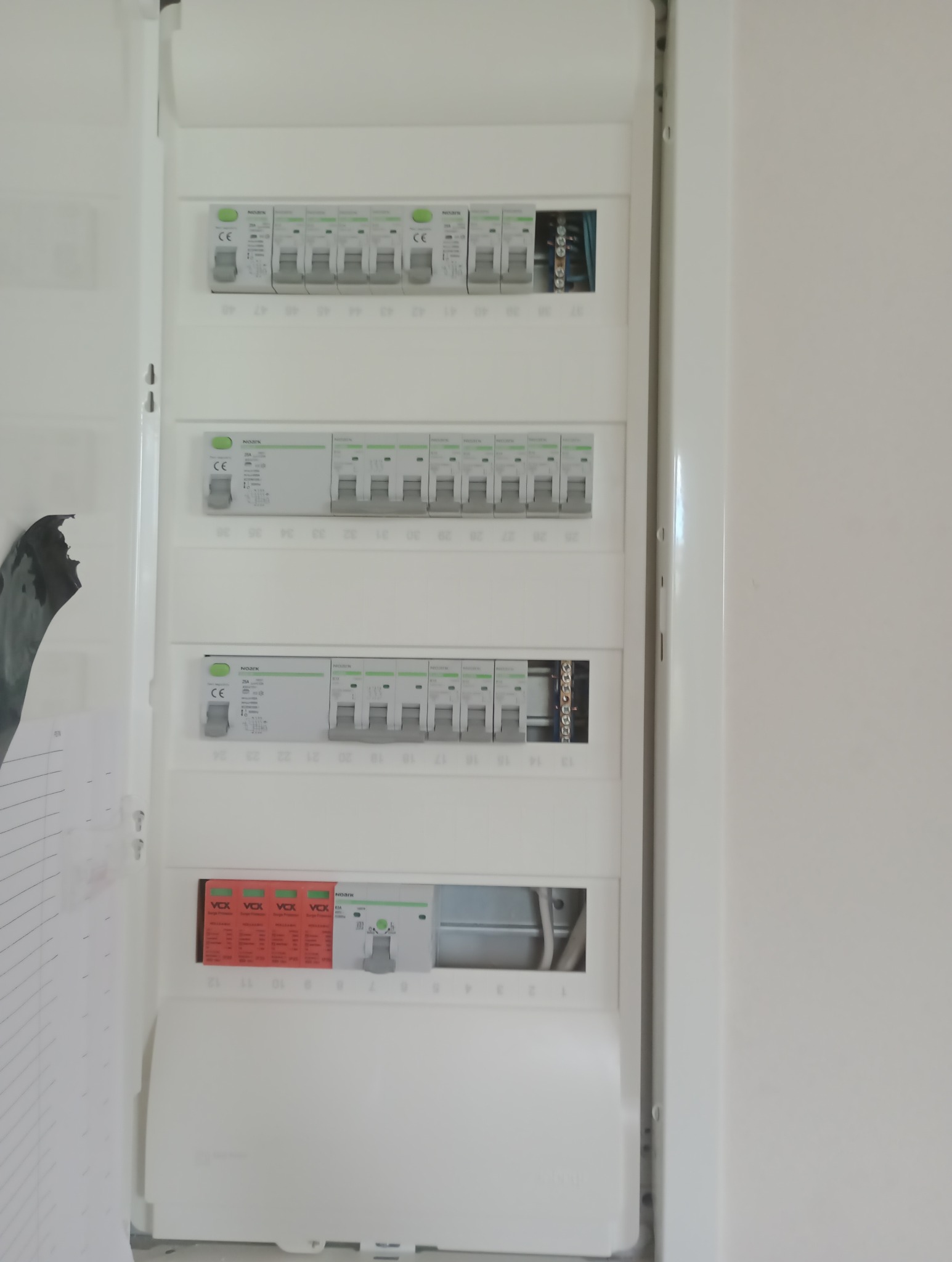 Otwarta skrzynka elektryczna z zamontowanymi bezpiecznikami NOARK i VOX, widoczne przewody w dolnej części, częściowo zakryta kartka z notatkami po lewej stronie.