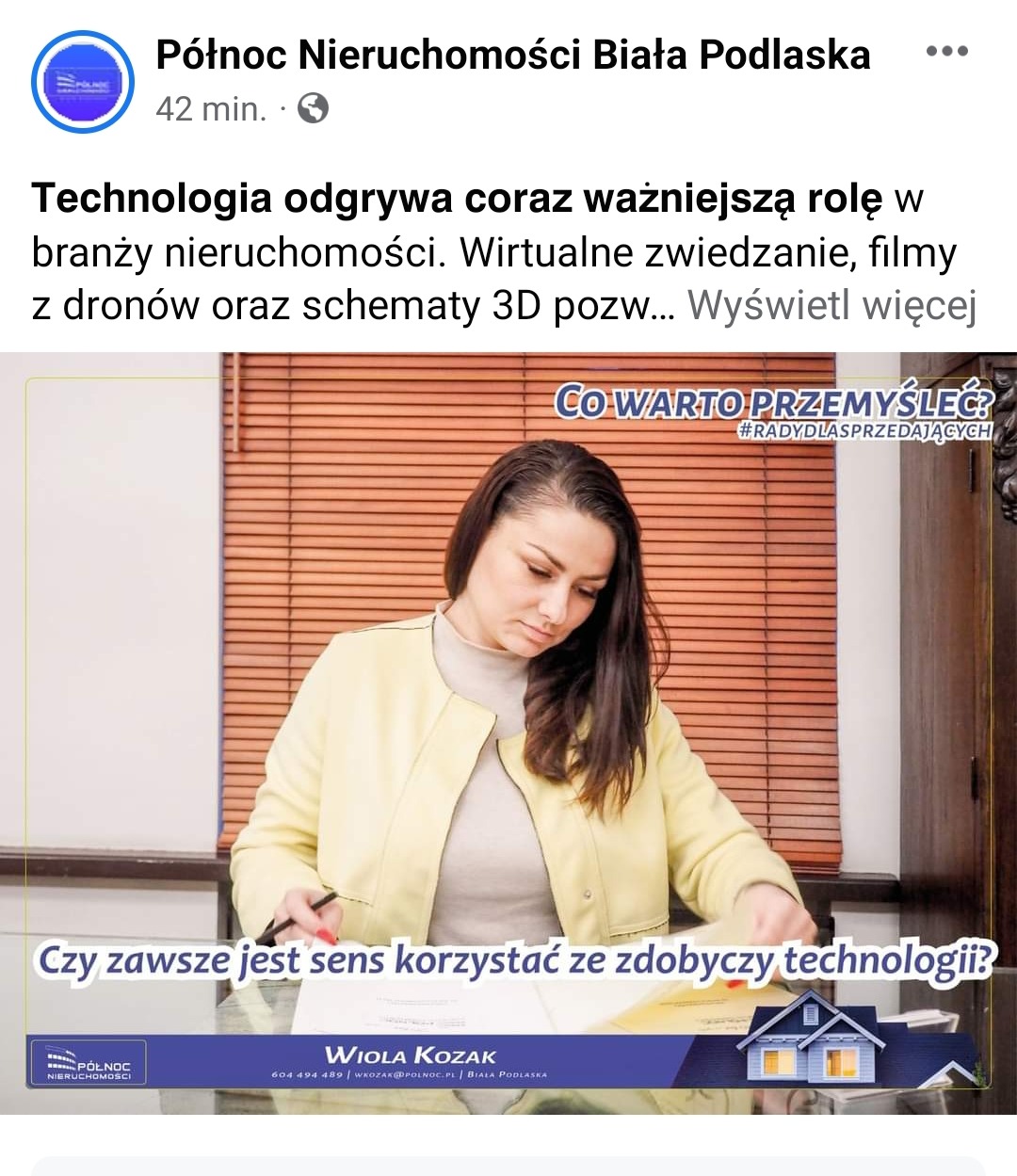 Kobieta w żółtej marynarce, pochylona nad dokumentami, trzymająca długopis, w tle żaluzje i ramka z napisem 'Co warto przemyśleć? #RadyDlaSprzedających', a w dolnej części banner z logo Północ...