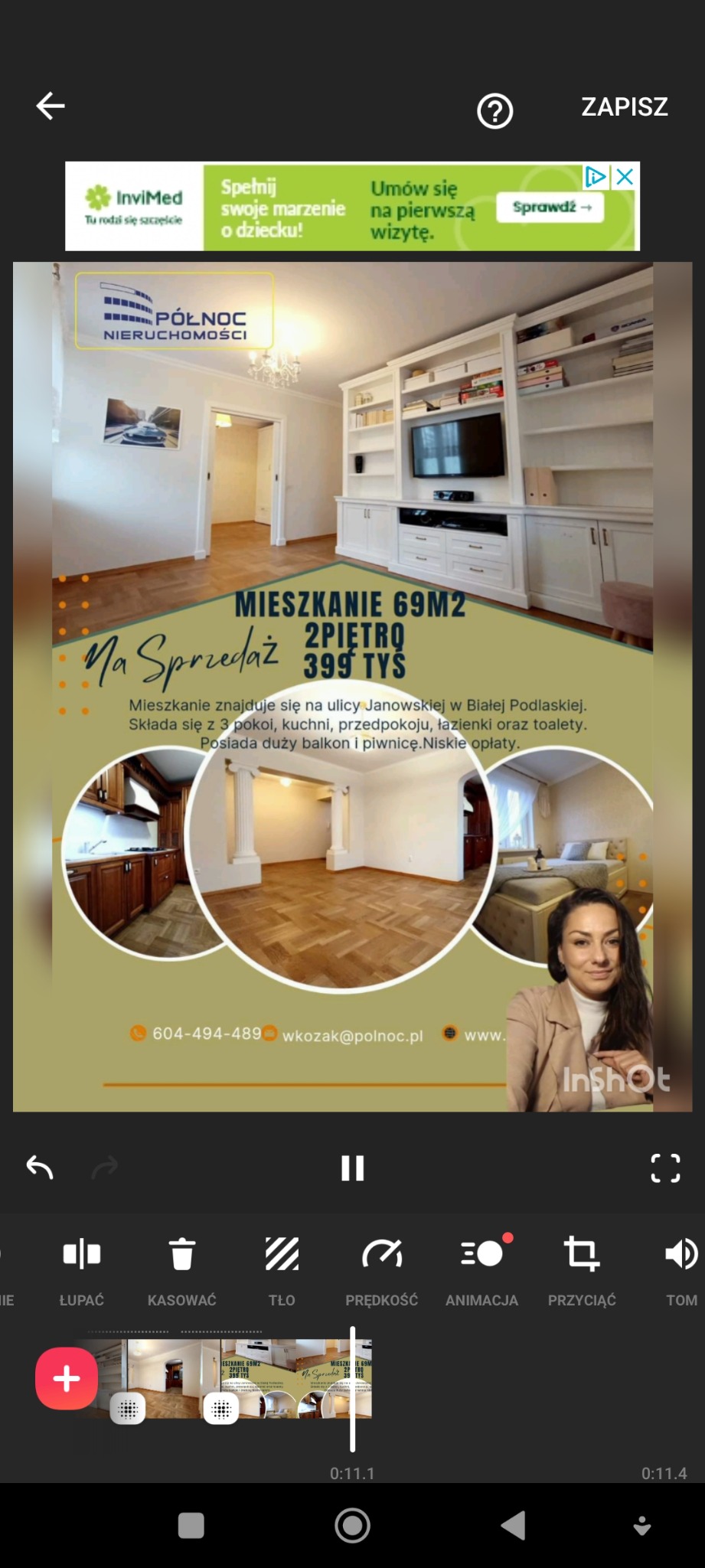 Ogłoszenie nieruchomości: mieszkanie 69m2 na sprzedaż w Białej Podlaskiej, 3 pokoje, kuchnia, balkon, piwnica, wizualizacja z logo agencji Północ Nieruchomości i zdjęciami wnętrz.