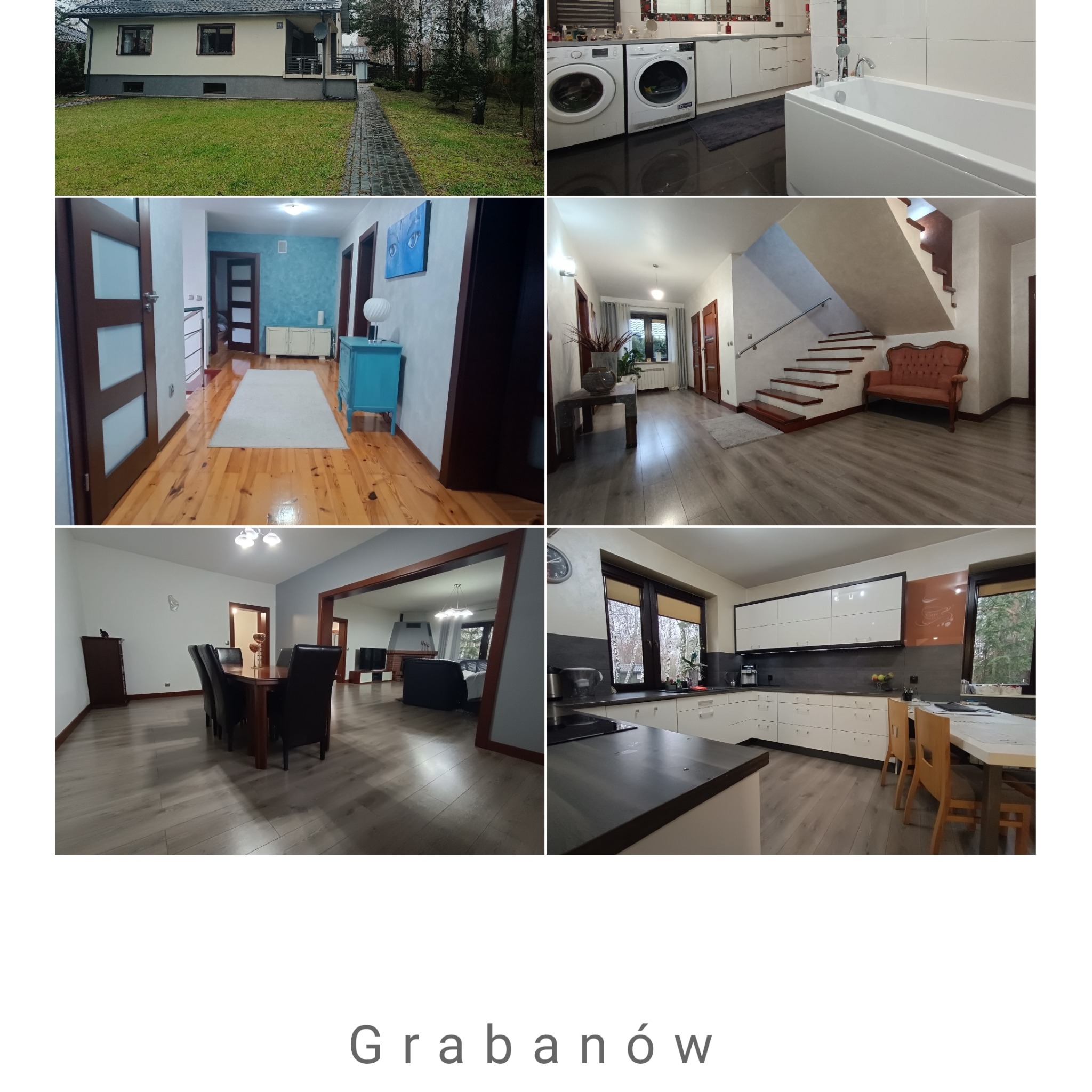 Wnętrza domu: salon z jadalnią, kuchnia z białymi szafkami i drewnianym blatem, łazienka z wanną i pralką, przedpokój z drewnianą podłogą i schodami.