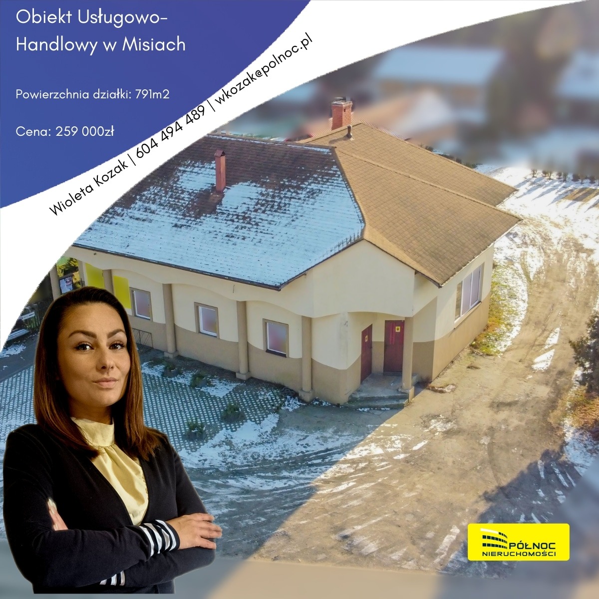 Kobieta z założonymi rękami na tle zimowego krajobrazu i budynku usługowo-handlowego z informacją o powierzchni działki i cenie, logo agencji nieruchomości w prawym dolnym rogu.