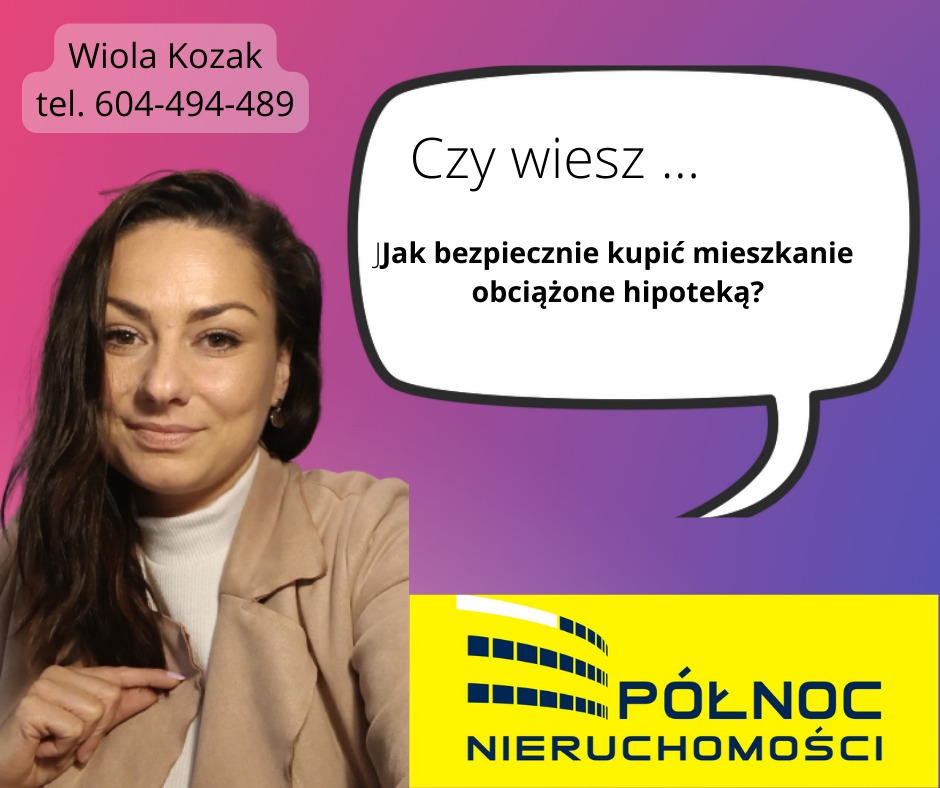Portret kobiety, Wioli Kozak, z numerem telefonu, obok dymek z pytaniem o bezpieczny zakup mieszkania obciążonego hipoteką i logo Północ Nieruchomości na gradientowym tle różowo-fioletowym.