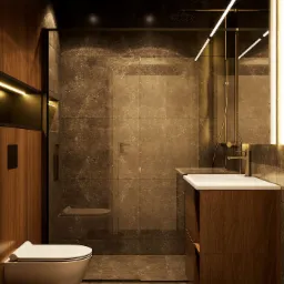 Nowoczesna łazienka z wiszącą toaletą, umywalką na szafce z forniru orzechowego i prysznicem typu walk-in, oświetlona paskami LED w lustrze i punktowymi lampami sufitowymi.