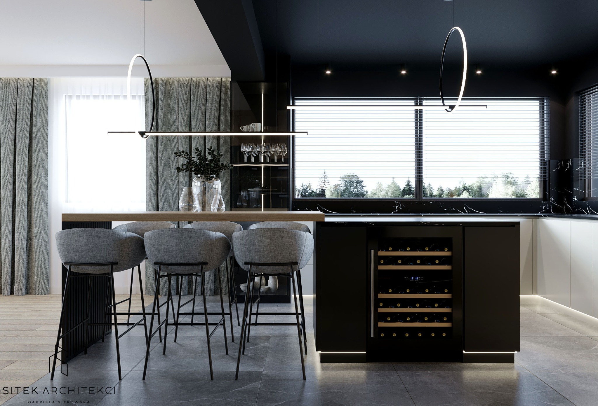 Nowoczesna kuchnia z wyspą: czarne szafki, marmurowy blat, szare hokery, oświetlenie LED i wbudowana chłodziarka do wina.
