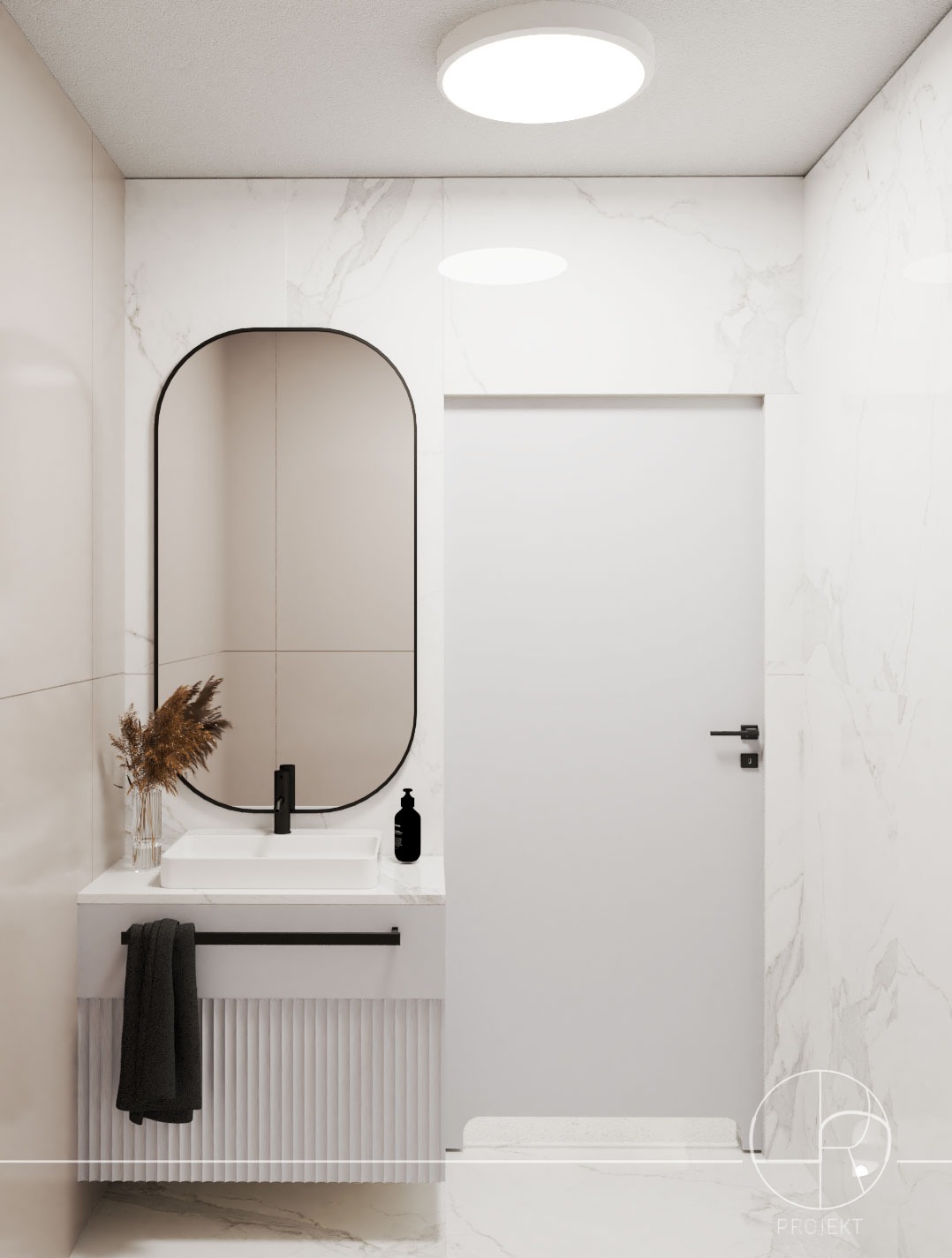 Wizualizacja minimalistycznej łazienki z owalnym lustrem w czarnej ramie, białą umywalką nablatową, szafką z ryflowanym frontem, czarną armaturą i marmurowymi płytkami na ścianach i podłodze.