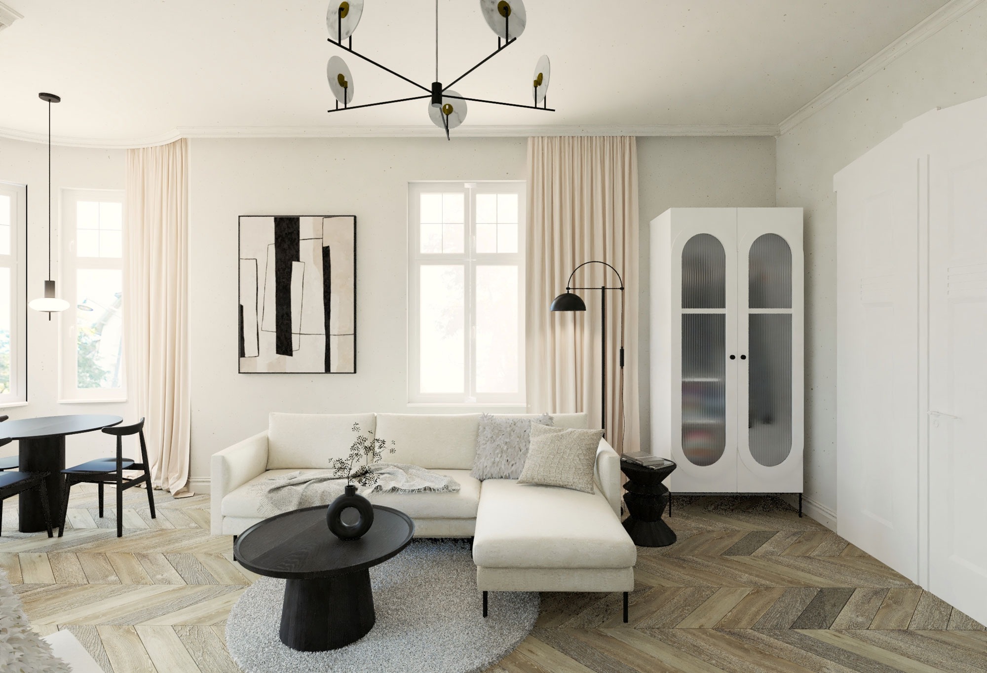 Jasne wnętrze salonu z drewnianą podłogą ułożoną w jodełkę, białą sofą narożną, okrągłym stolikiem kawowym, abstrakcyjnym obrazem i lampą sufitową z marmurowymi detalami.